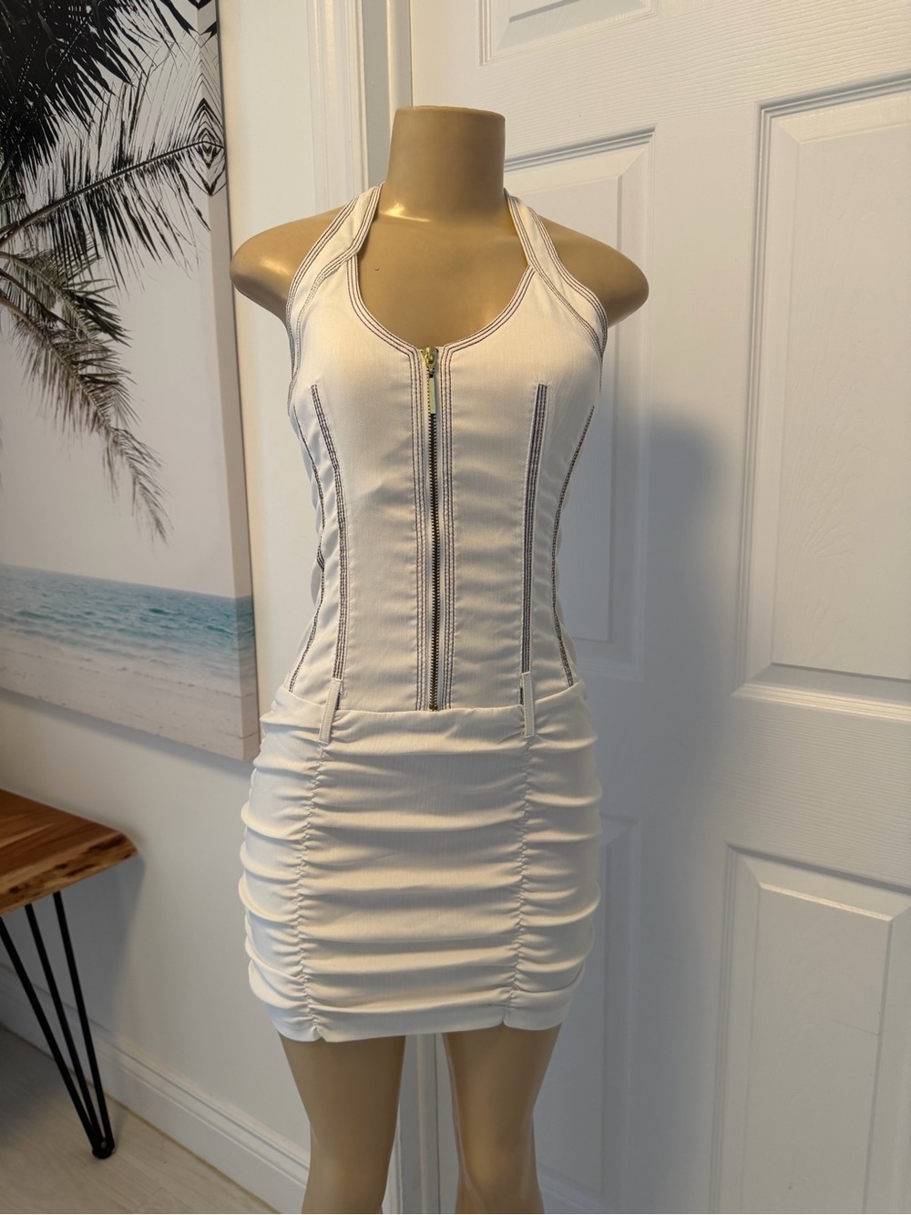 White Ruched Zip-Front Halter Dress
